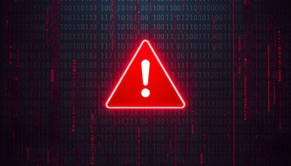 Neon red exclamation point, glowing triangle warning sign, digital background, binary code, cybersecurity alert, futuristic interface, dark atmosphere, technological danger, computer error message