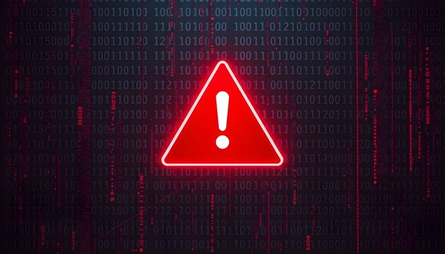 Neon red exclamation point, glowing triangle warning sign, digital background, binary code, cybersecurity alert, futuristic interface, dark atmosphere, technological danger, computer error message - Powered by Adobe