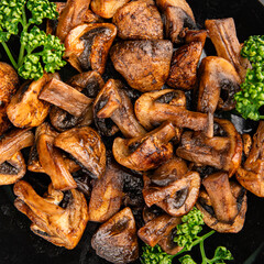 Mushroom fried champignon vegetable dish fresh gourmet food background on the table rustic food top view copy space vegetarian and vegan food