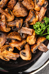 Mushroom fried champignon vegetable dish fresh gourmet food background on the table rustic food top view copy space vegetarian and vegan food
