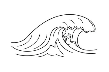 Minimalist Line Art Illustration Of Person Surfing A Giant Wave On White Background