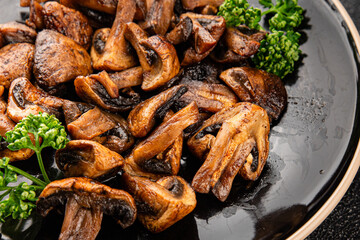 Mushroom fried champignon vegetable dish fresh gourmet food background on the table rustic food top view copy space vegetarian and vegan food