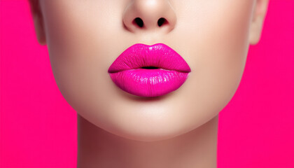 Fototapeta premium close up of vibrant pink lips with glossy finish against bright pink background, showcasing beauty and elegance