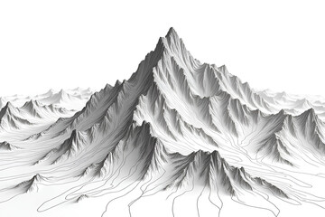 
Abstract topographic map artwork in black and white, depicting a stylized mountain range formed by smooth flowing contour lines. High contrast, minimal background, technical yet artistic repr