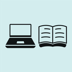 Laptop and book set icon symbolizes digital learning, knowledge balance, and a modern educational workspace.