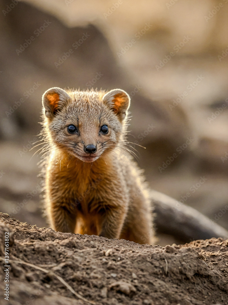 Poster close-up view of yellow mongoose cub in its natural environment with a blurred background.