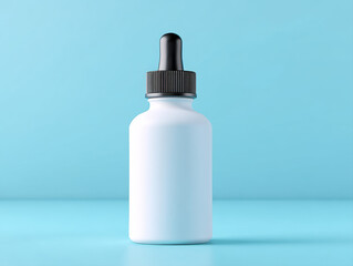 Minimalist dropper bottle on blue background, perfect for showcasing beauty or health products with clean aesthetic