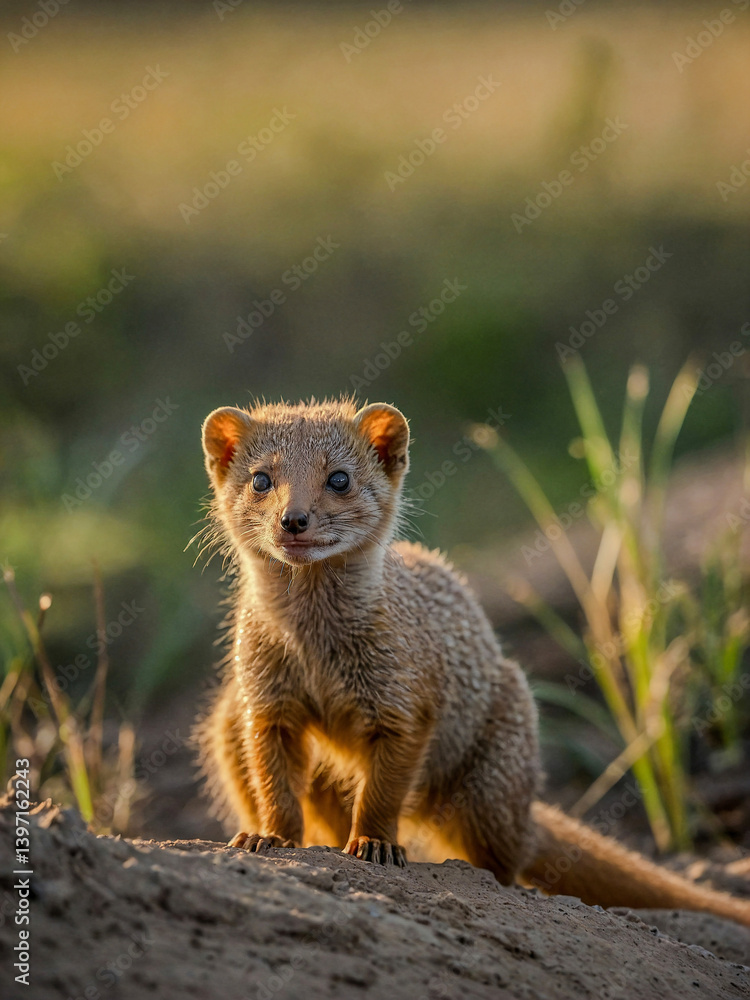 Poster close-up view of yellow mongoose cub in its natural environment with a blurred background.