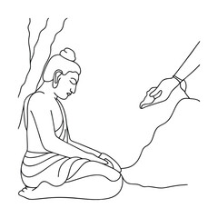 Buddha Enlightenment Sketch Under Bodhi Tree Receiving Offering Line Art Illustration