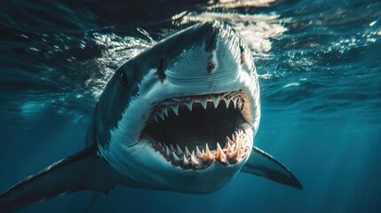 Obraz premium Great white shark shows its teeth underwater, viewed from below. Perfect for ocean, danger, or wildlife content in publications or blogs.