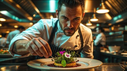 Chef creates vibrant and colorful dish with meticulous attention in a bustling gourmet kitchen late at night