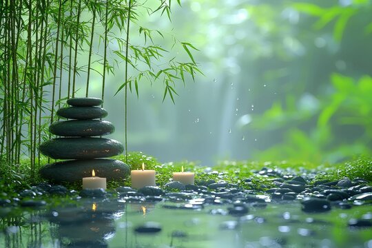 The concept of spa and wellness is represented by a stack of massage stones and towels accompanied by a green plant on a white wooden table, categorized as stock
