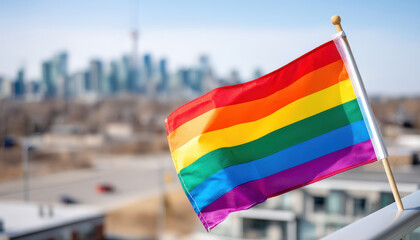 Rainbow flag gently waving on balcony with city skyline in background, symbolizing pride and inclusivity