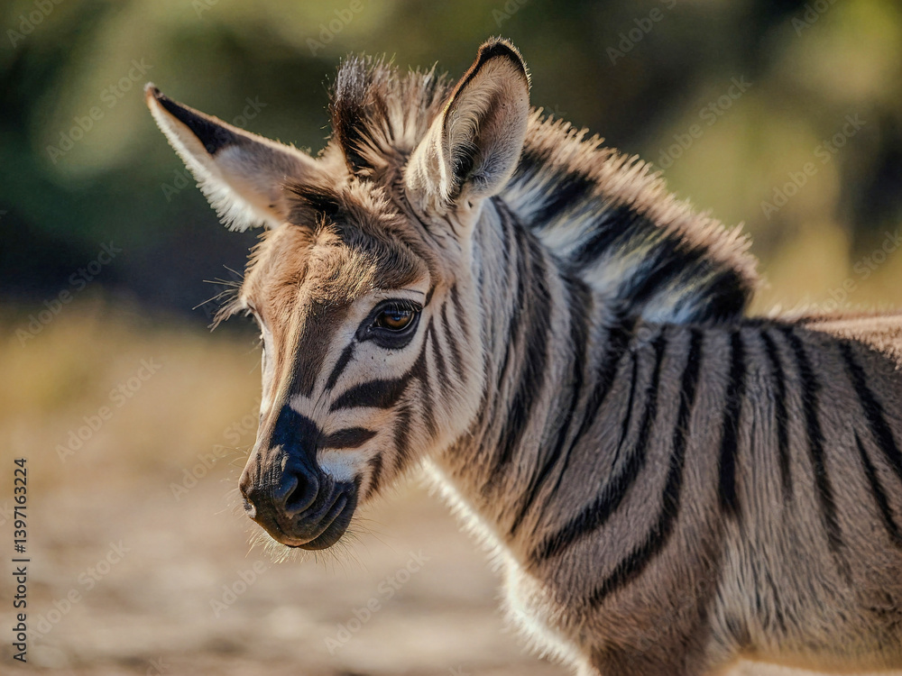 Poster close-up view of zonkey cub in its natural environment with a blurred background.