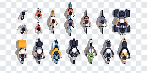 Top view of people set isolated. Men and women. Riding a bicycle, motorcycle, quad bike, scooter, skate. View from above. Cartoon design. Flat style vector illustration. Policeman, delivery man.