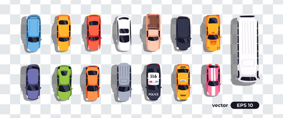 Top view cars set isolated. View from above. Cute cartoon transport with shadows. Modern urban civilian vehicle. View from the bird's eye. Realistic car design. Flat style vector illustration.