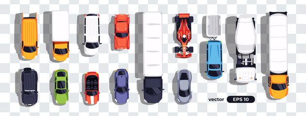 Top view cars set isolated. View from above. Cute cartoon transport. Modern urban vehicle. View from the bird's eye. Realistic car design. Flat style vector illustration. Truck. concrete mixer.