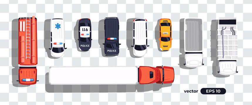 Top view cars set isolated. View from above. Cute cartoon transport. Modern urban vehicle. Realistic design. Flat style vector illustration. Truck, ambulance, fire truck, garbage truck, police, taxi.