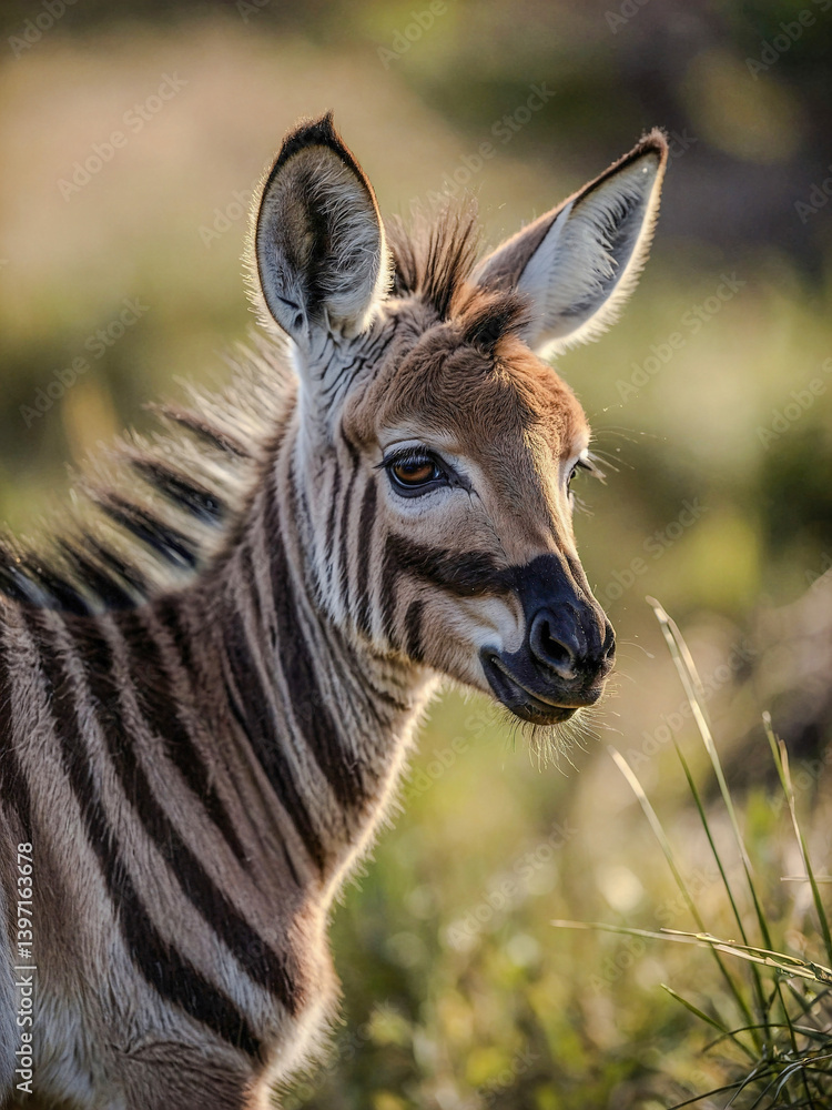Poster close-up view of zonkey cub in its natural environment with a blurred background.