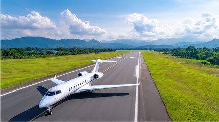 A sleek private jet is positioned on a runway, surrounded by lush greenery and mountains under a bright blue sky with scattered clouds.