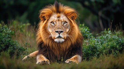 Obraz premium Majestic male lion lying in the grass, showcasing its regal mane.
