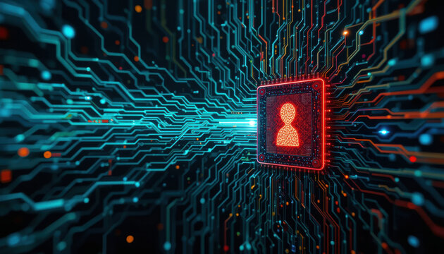 digital representation of user icon surrounded by vibrant circuit patterns, symbolizing technology and connectivity. image conveys sense of innovation and digital identity