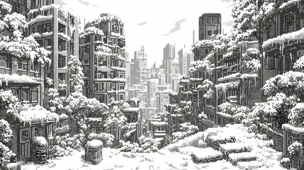 Winter Cityscape in Pixel Art with Snow Covered Buildings and Trees in Grayscale Aesthetic