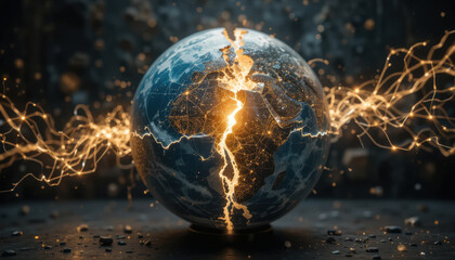 Globe earth lightning energy technology connection digital abstract split global