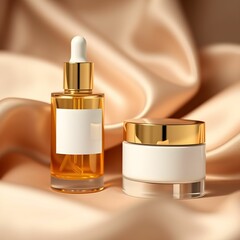 Naklejka premium Luxury skincare products, gold-capped white bottles, silky beige satin background, cosmetic serum dropper
