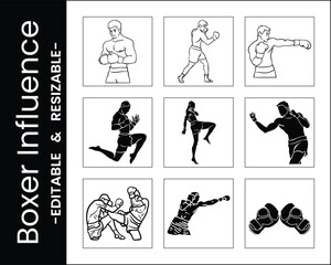 Collection Of Black And White Boxing And Martial Arts Vector Illustrations