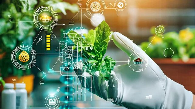 Gloved hand holds plant; digital overlay shows food tech innovation