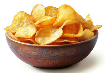 Crunchy and Delicious PNG Image of a Bowl Filled with Golden Potato Chips, Perfect for Snack Food Illustration or Logo Design on White Background