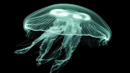 Celestial Dance: Illuminated, a jellyfish gracefully navigates the deep ocean's abyss, its ethereal form glowing against an inky black backdrop, a captivating image of marine life in its truest form.