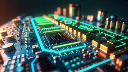 Obraz premium Highcontrast cinematic view of a detailed circuit board illuminated by vibrant colors