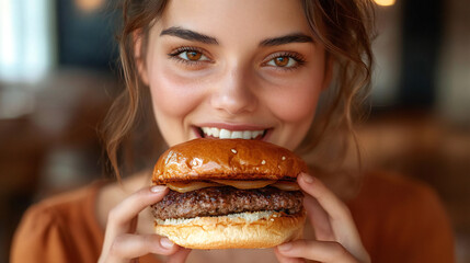 Satisfied Smiles: Close-Up Macro Shot of a Hungry Caucasian Woman Enjoying a Home-Cooked Hamburger Meal