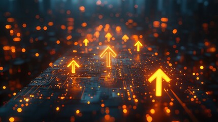 Fototapeta premium Futuristic Technology Background with Orange Arrows and Digital Circuitry in a Cityscape Full of Bright Particles