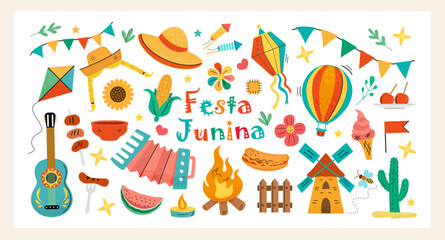 Festa Junina clipart set. Colorful hand drawn vector illustrations accordion, bonfire, corn, guitar, food, flags, balloon, fireworks and festival decor. Perfect for summer, parties, kids and posters.