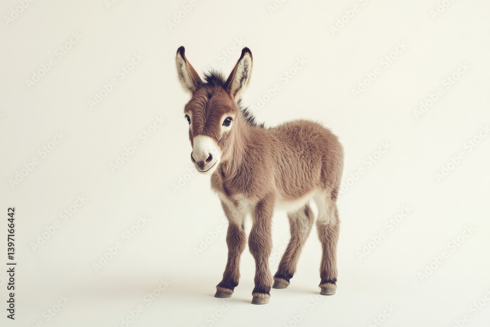 Poster mini donkey standing in a rustic setting against a soft white background with gentle shadows showcas