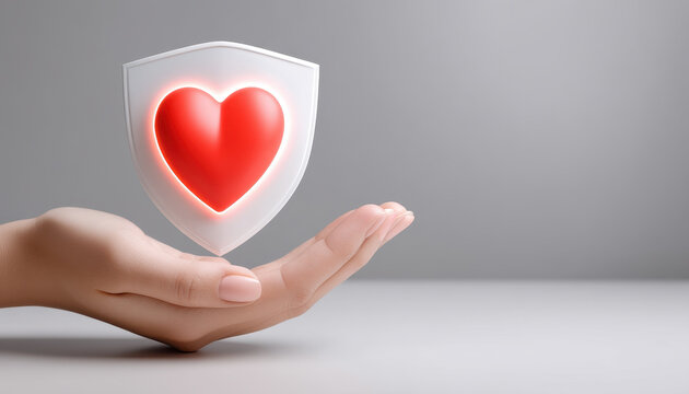 hand gently holds glowing shield with heart symbol, representing protection and care. This conveys sense of safety and love