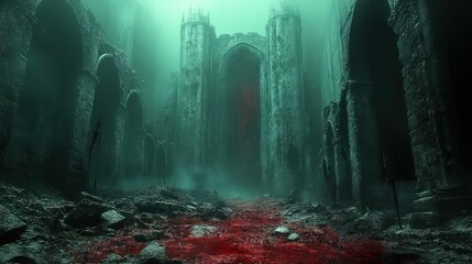 Gothic architecture ruin bloodied ground misty horror