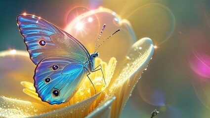 Vibrant macro of a dazzling butterfly perched on a dew-kissed flower in a dreamy, colorful setting