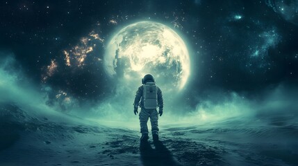 Fototapeta premium Astronaut's Celestial Odyssey: An astronaut stands in awe, gazing toward a luminous moon in the infinite expanse of the cosmos, capturing the essence of exploration and the allure of the unknown.