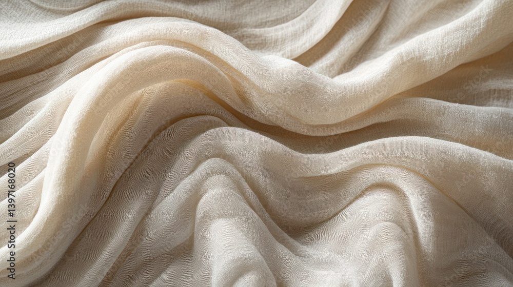 Poster soft creamy textured fabric drapery with flowing waves capturing natural light and elegant drapes in