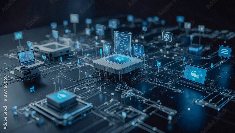 Aufkleber cloud computing concept with interconnected technology icons.