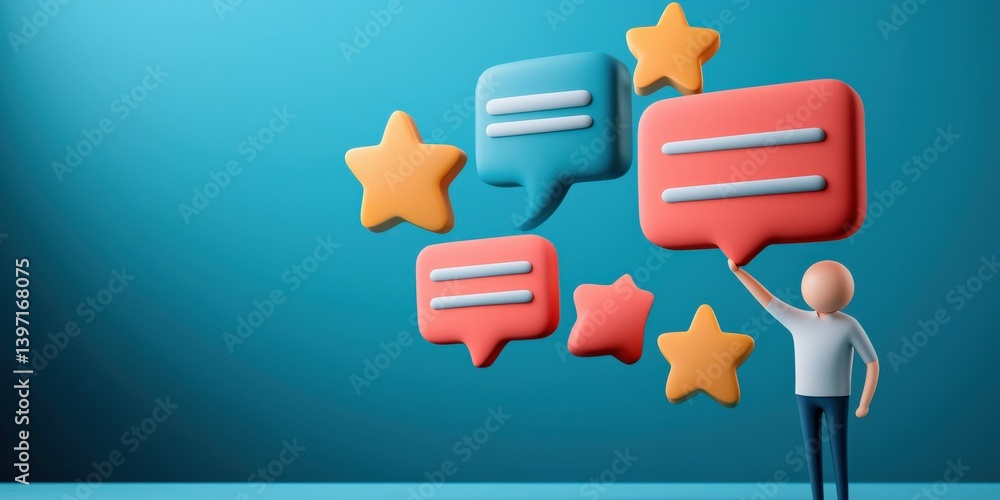 Aufkleber customer experience interaction data concept. 3d character with speech bubbles and stars on a blue b