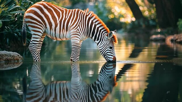 A serene zebra drinking from a tranquil pond, surrounded by lush greenery and soft sunlight