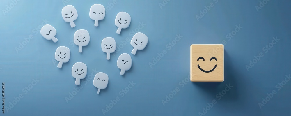 Poster customer experience interaction data concept. smiley icons on a blue background with a wooden smilin