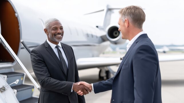 Two businessmen shake hands near a private jet, showcasing a professional interaction in a luxury travel setting.