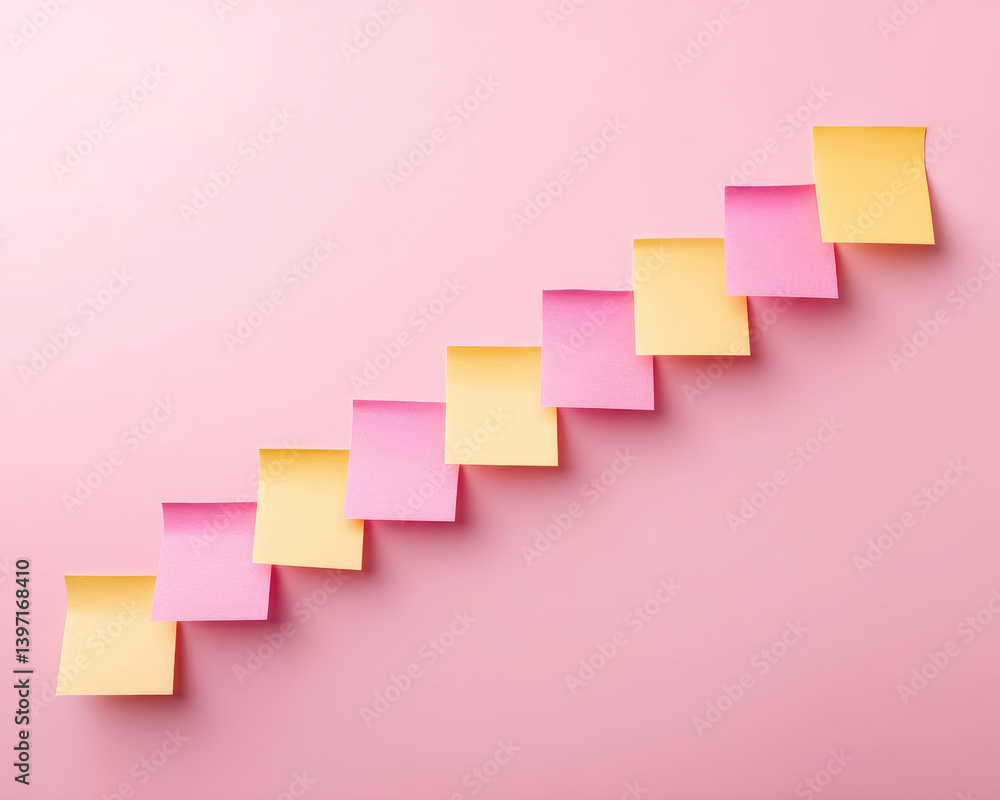 Poster colorful sticky notes arranged in diagonal line on pink background create vibrant and organized disp