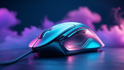 Surreal and vibrant cinematic depiction of a gaming mouse illuminated in neon colors against a dreamy background